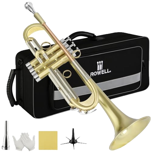 ROWELL Bb Trumpet Brushed Finish Standard Brass Trumpet Set Professional B Flat Trumpets with Deluxe Hard Case