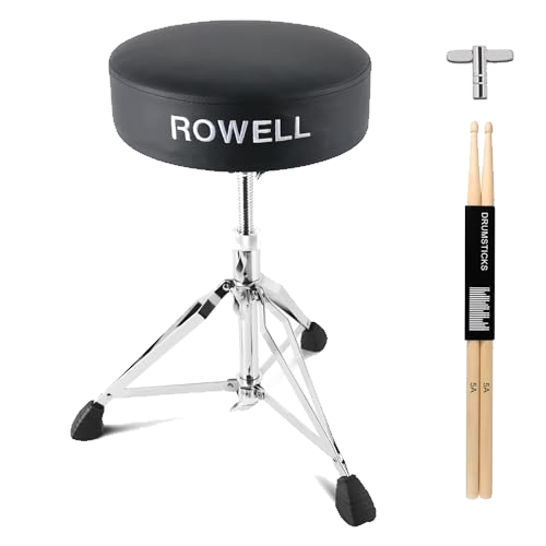 ROWELL Drum Throne Adjustable Drum Stool Lightweight Drum Seat Soft Drum Stools for Kids Widen Thick-Padded Electric Drum Kit Thrones Max Weight 330Lb Drum Set Stool for Adults Women Drummers(Blcak)