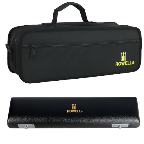 ROWELL Flute Bag and Case Set 600D Nylon Exterior and Leatherette-Wrapped Paulownia Wood Box with Supportive PVC Board Sponge Interior Ergonomic Strap for 16/17 Key Flute Travel and Performance